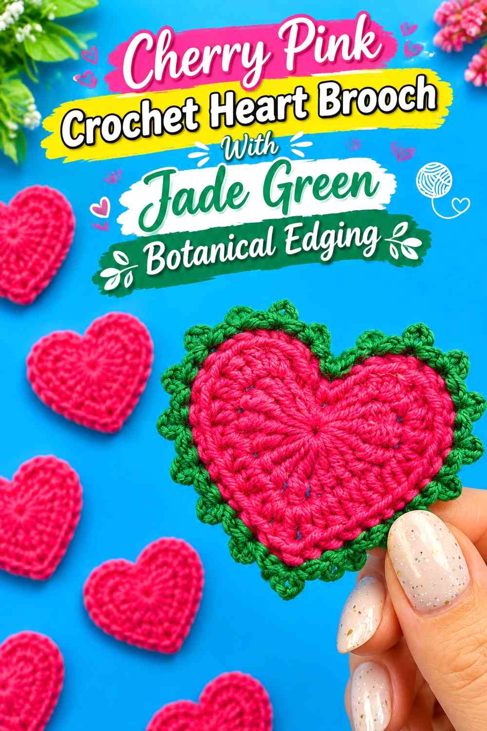 Cherry Pink Crochet Heart Brooch With Jade Green Botanical Edging