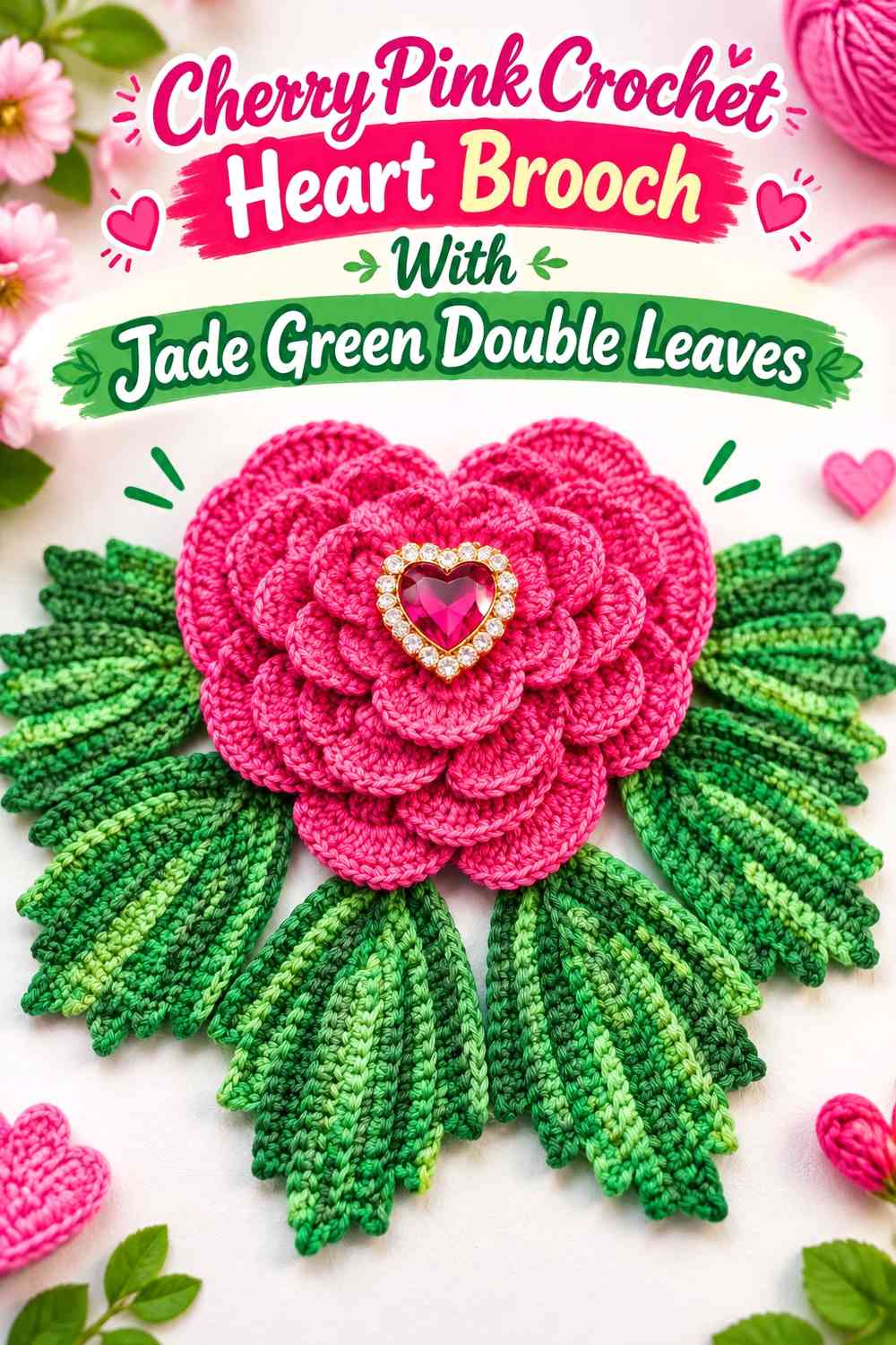 Cherry Pink Crochet Heart Brooch With Jade Green Double Leaves