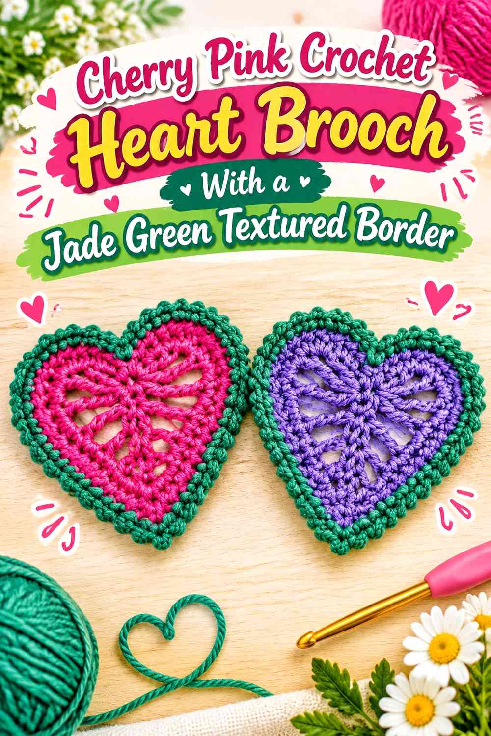 Cherry Pink Crochet Heart Brooch With a Jade Green Textured Border