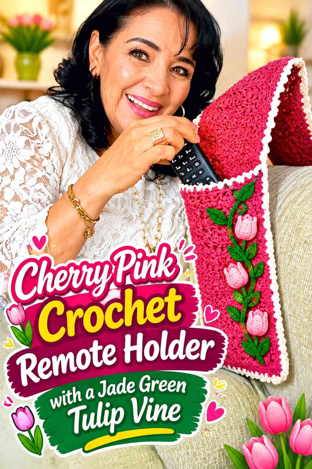 Cherry Pink Crochet Remote Holder with a Jade Green Tulip Vine
