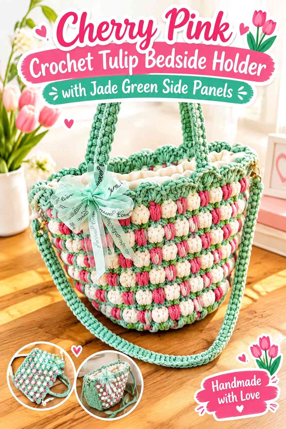 Cherry Pink Crochet Tulip Bedside Holder with Jade Green Side Panels