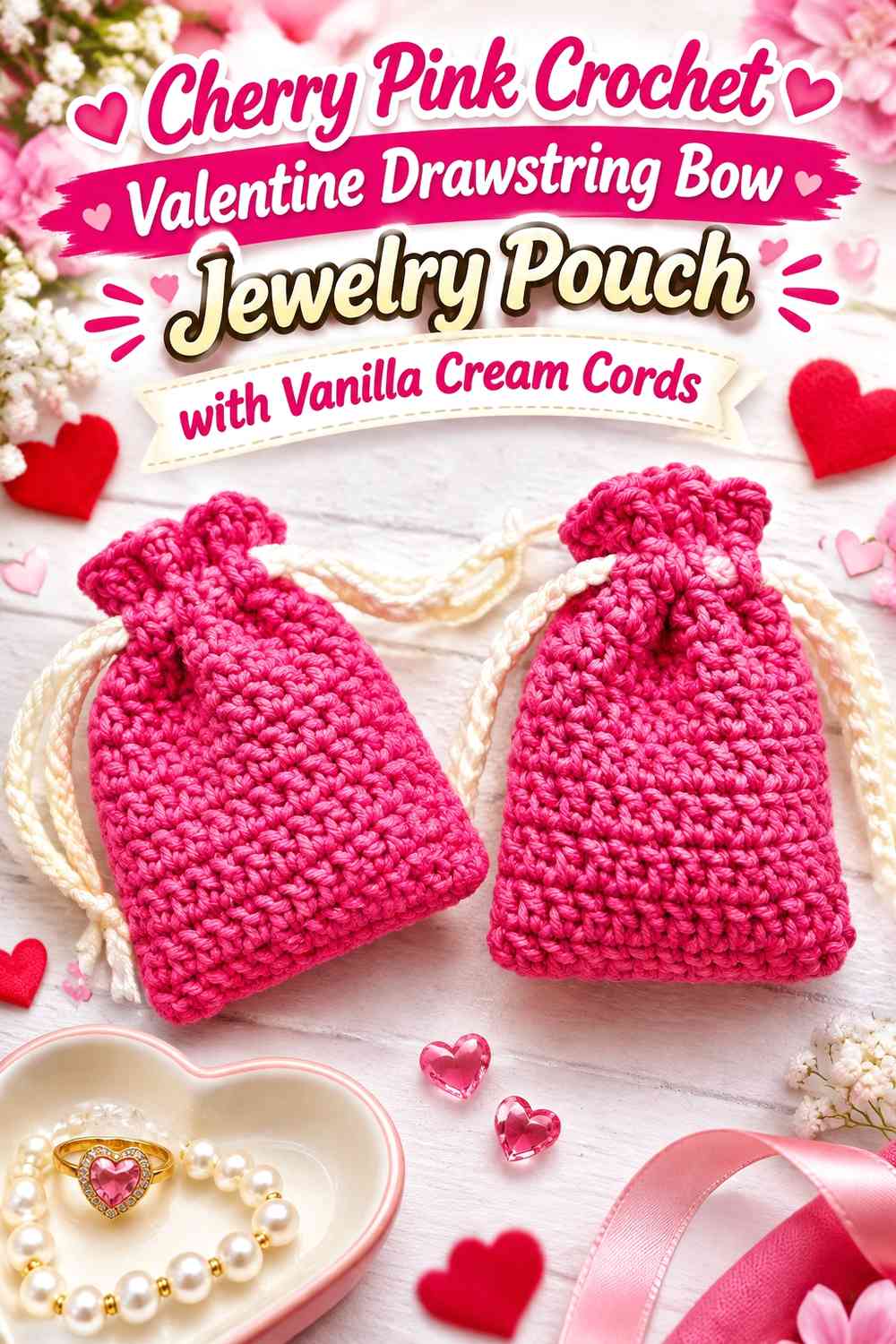 Cherry Pink Crochet Valentine Drawstring Bow Jewelry Pouch with Vanilla Cream Cords