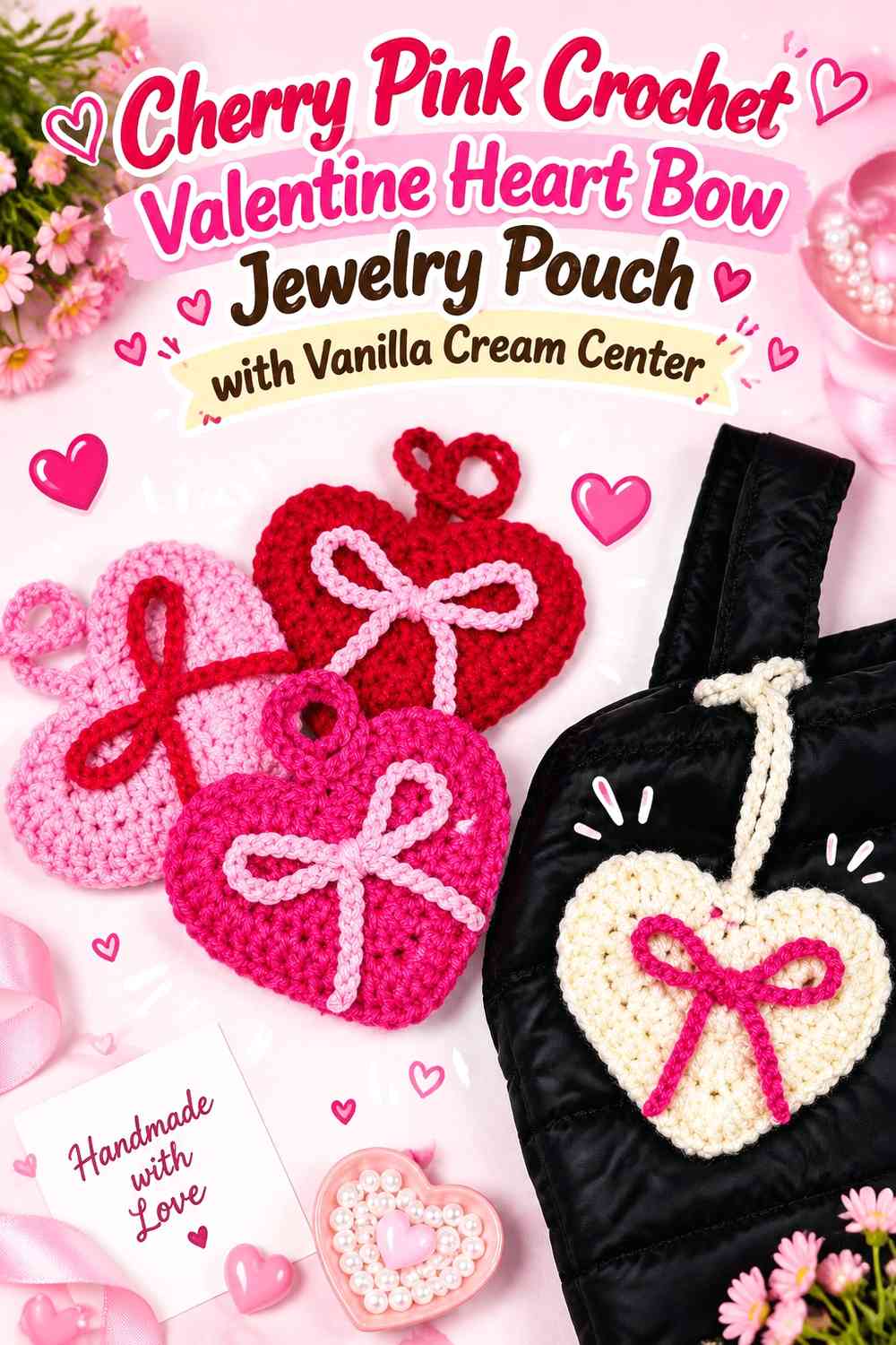 Cherry Pink Crochet Valentine Heart Bow Jewelry Pouch with Vanilla Cream Center