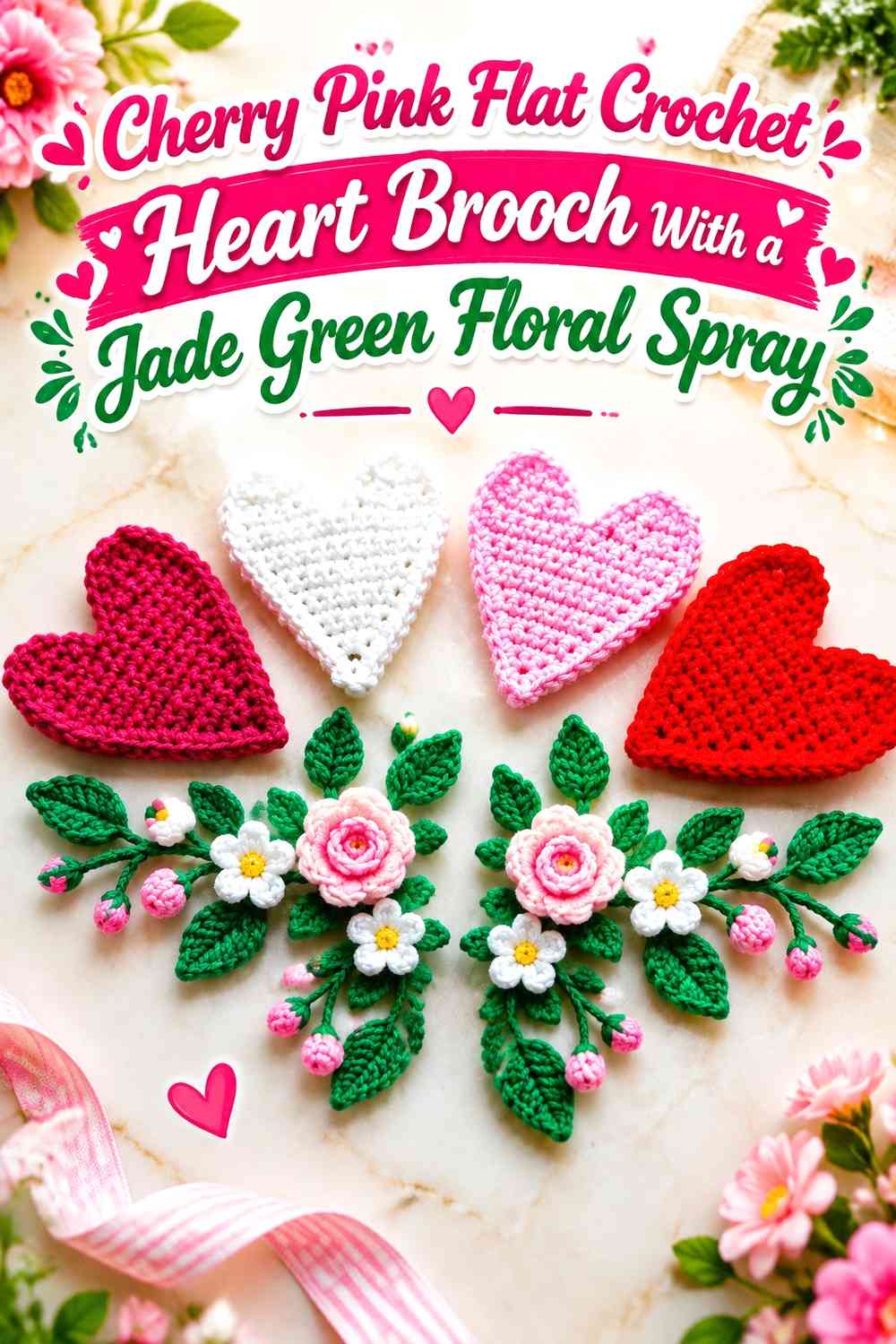 Cherry Pink Flat Crochet Heart Brooch With a Jade Green Floral Spray