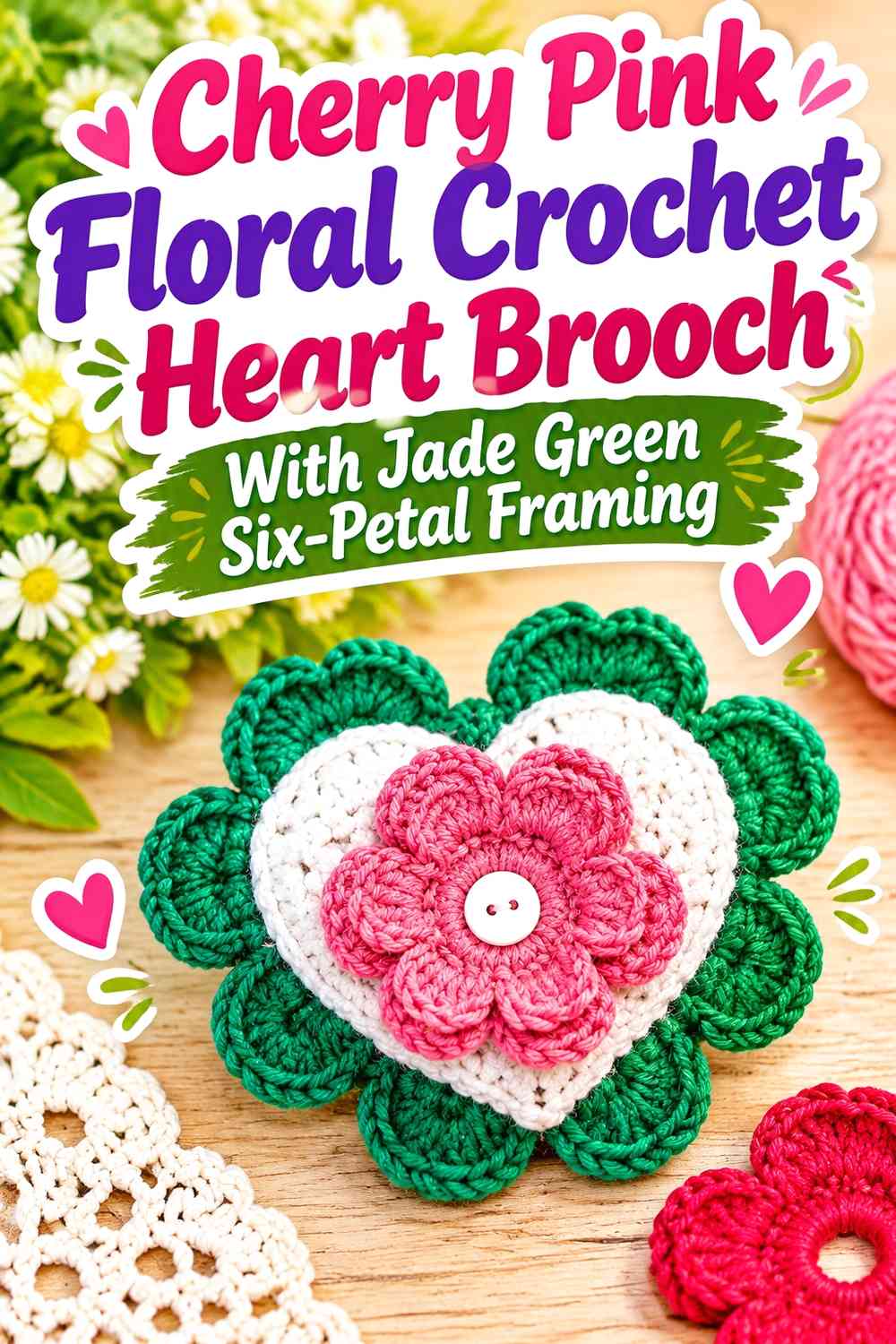 Cherry Pink Floral Crochet Heart Brooch With Jade Green Six-Petal Framing