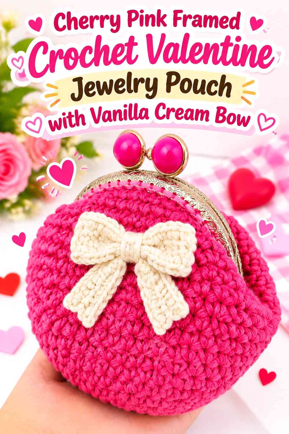 Cherry Pink Framed Crochet Valentine Jewelry Pouch with Vanilla Cream Bow