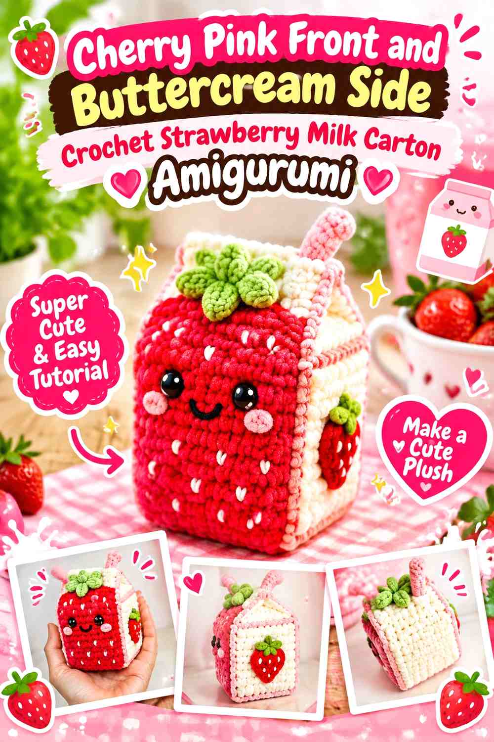 Cherry Pink Front and Buttercream Side Crochet Strawberry Milk Carton Amigurumi