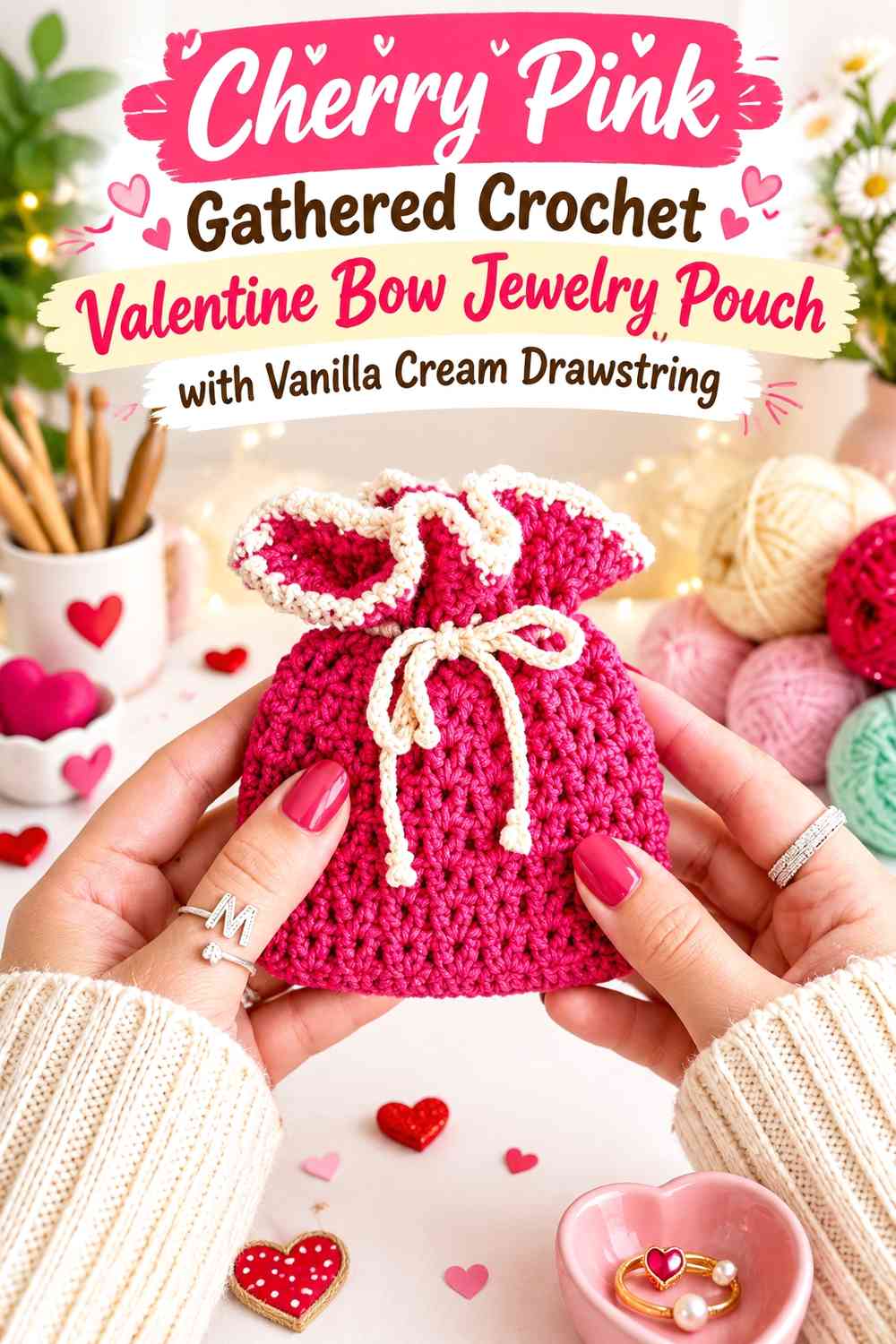 Cherry Pink Gathered Crochet Valentine Bow Jewelry Pouch with Vanilla Cream Drawstring