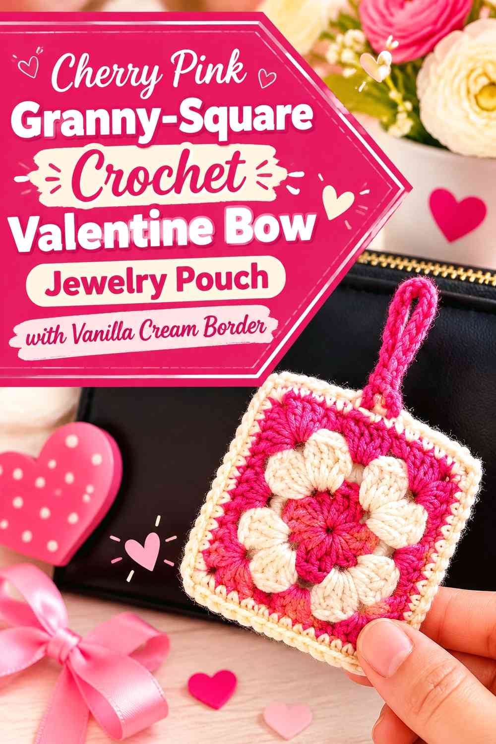 Cherry Pink Granny-Square Crochet Valentine Bow Jewelry Pouch with Vanilla Cream Border