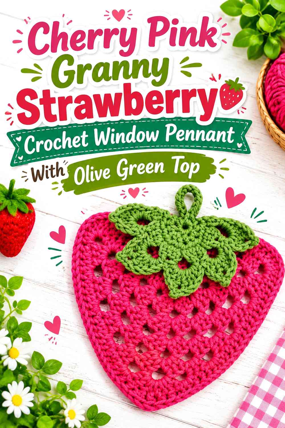 Cherry Pink Granny Strawberry Crochet Window Pennant With Olive Green Top