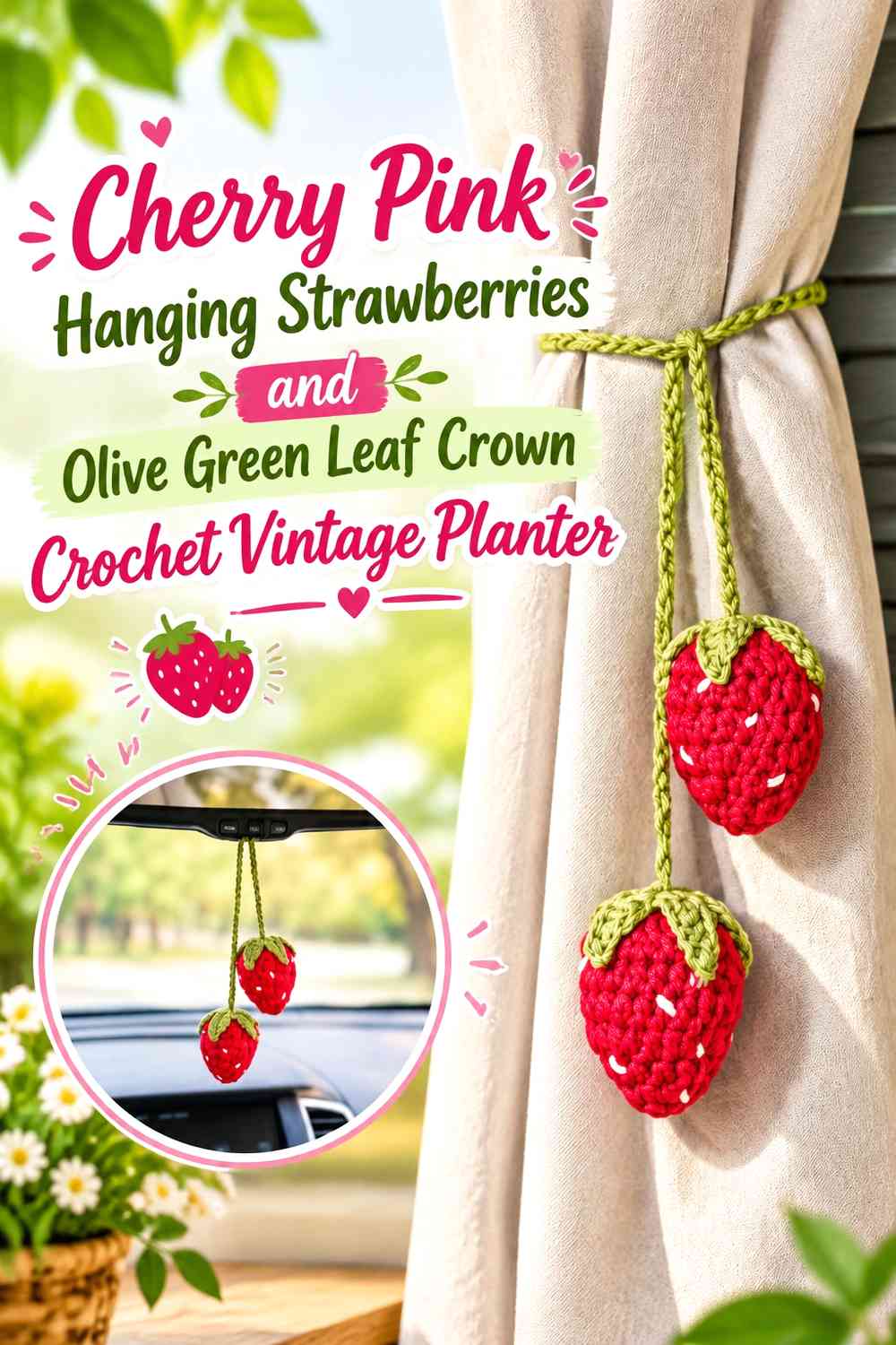 Cherry Pink Hanging Strawberries and Olive Green Leaf Crown Crochet Vintage Planter