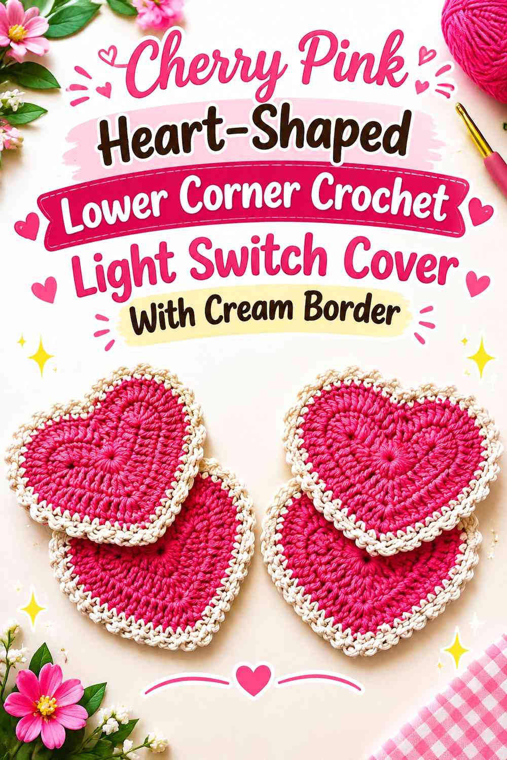 Cherry Pink Heart-Shaped Lower Corner Crochet Light Switch Cover With Cream Border
