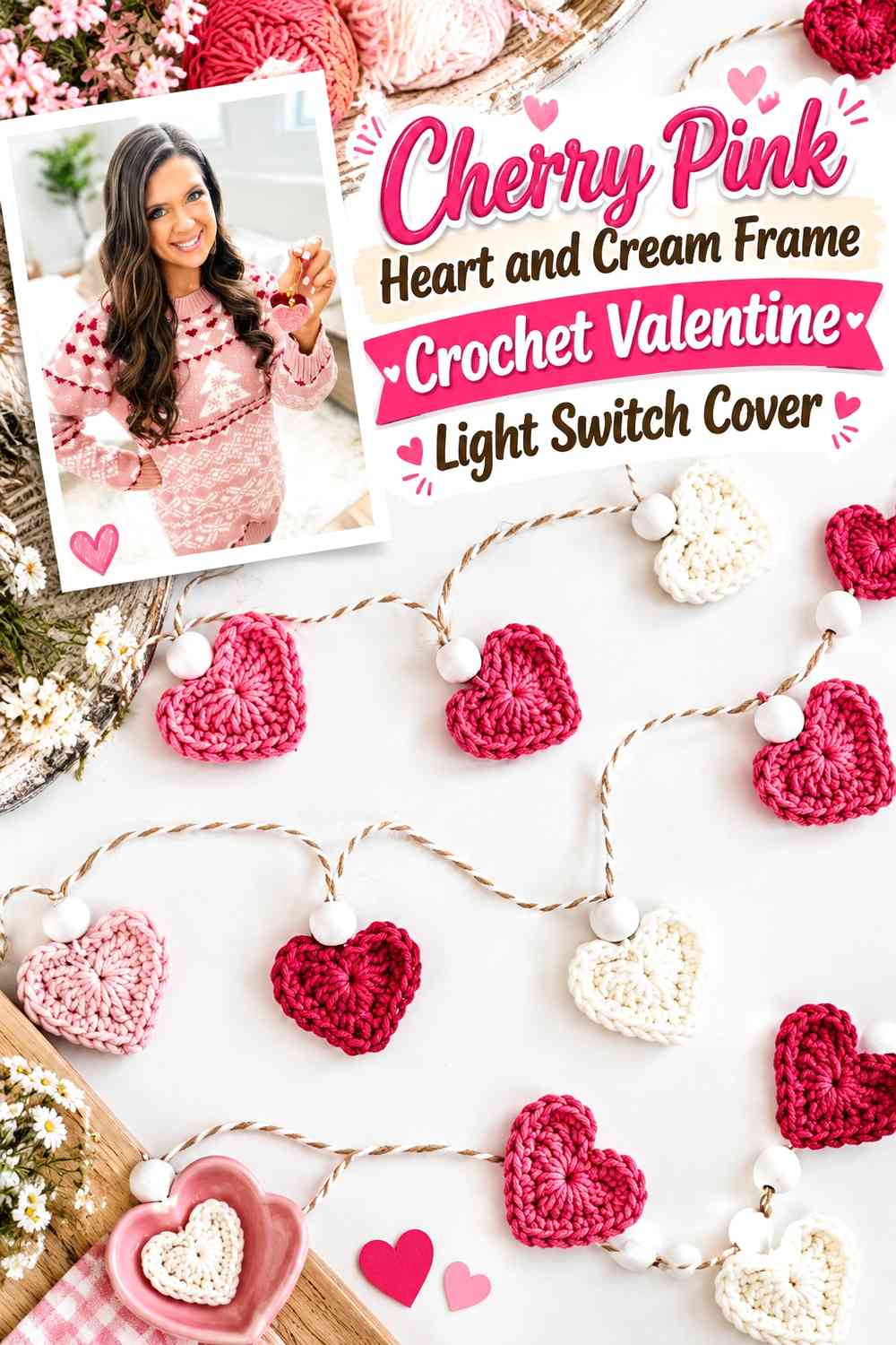 Cherry Pink Heart and Cream Frame Crochet Valentine Light Switch Cover