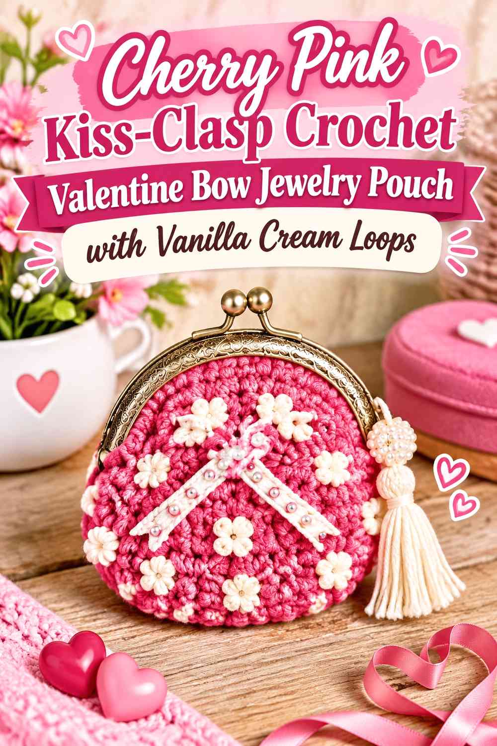 Cherry Pink Kiss-Clasp Crochet Valentine Bow Jewelry Pouch with Vanilla Cream Loops