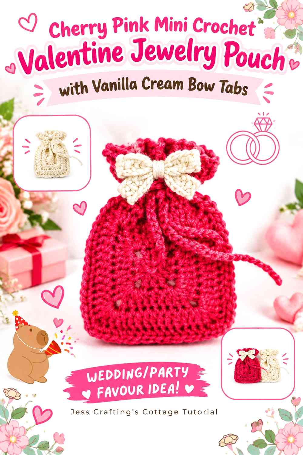 Cherry Pink Mini Crochet Valentine Jewelry Pouch with Vanilla Cream Bow Tabs