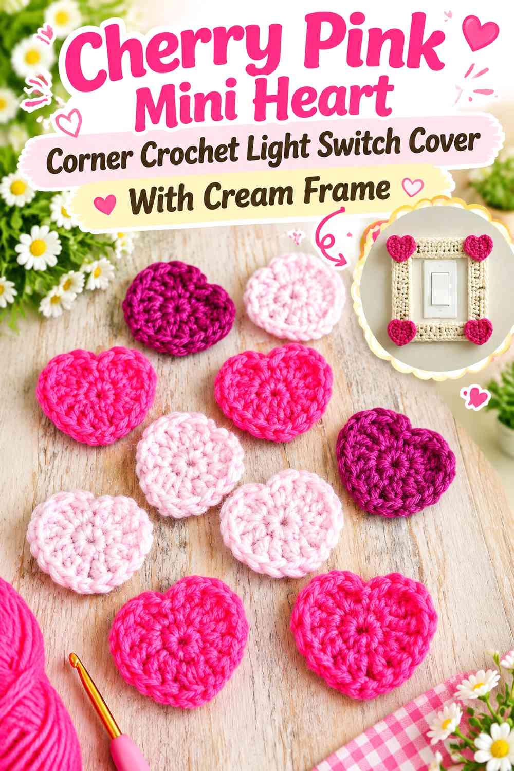 Cherry Pink Mini Heart Corner Crochet Light Switch Cover With Cream Frame