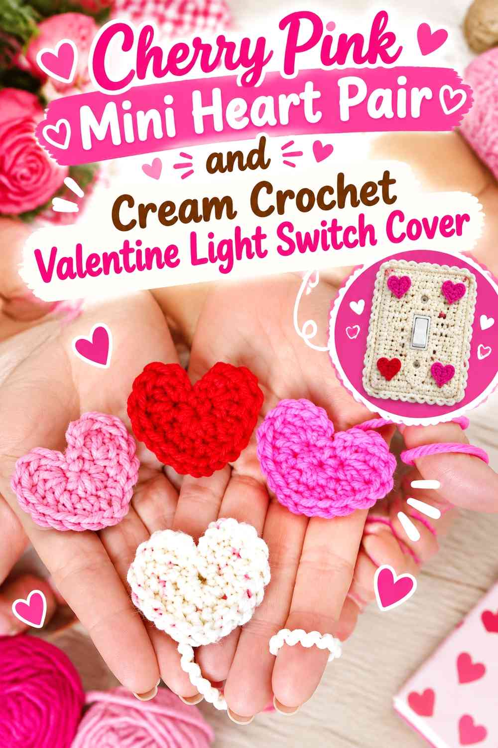 Cherry Pink Mini Heart Pair and Cream Crochet Valentine Light Switch Cover