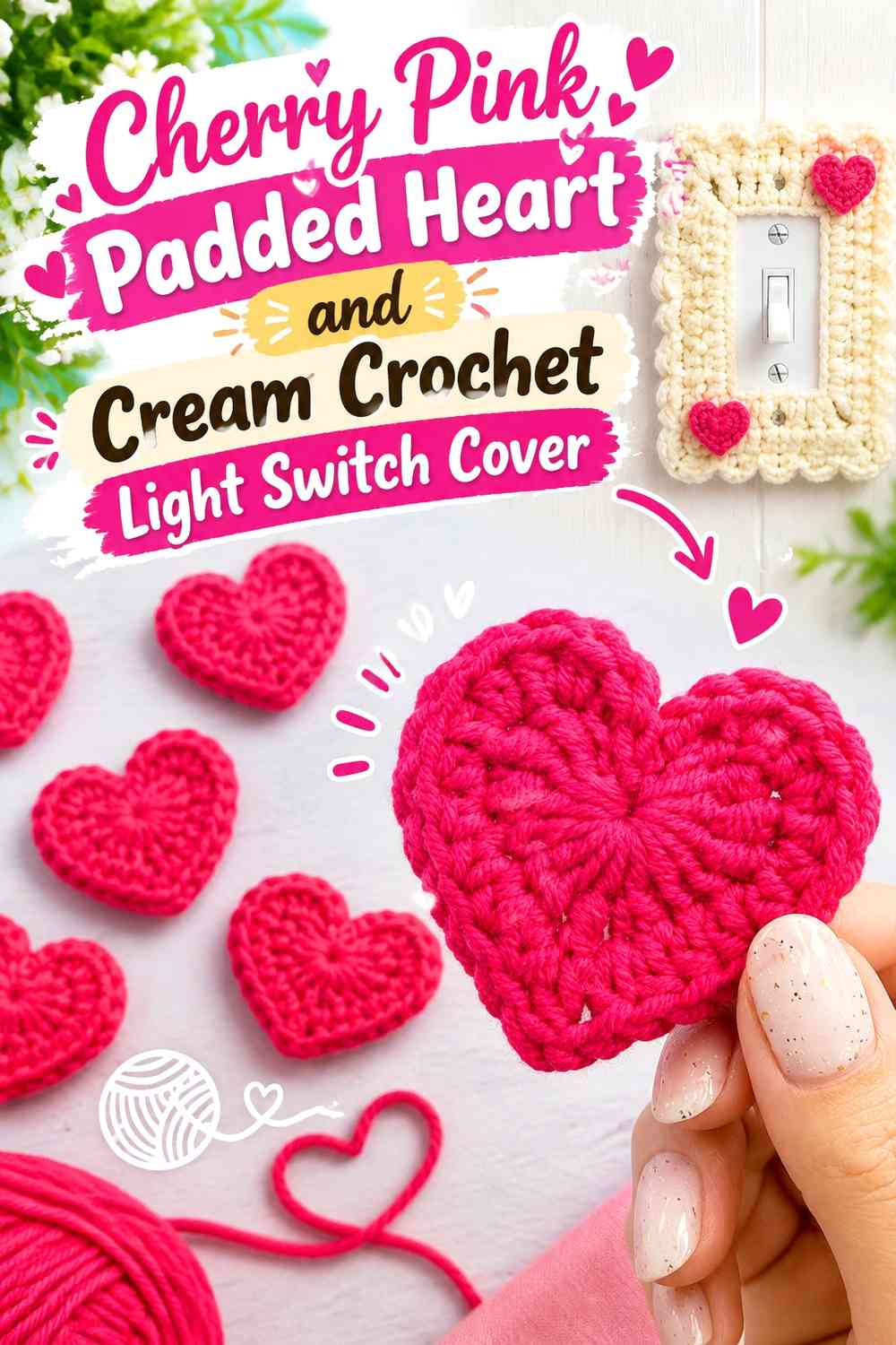 Cherry Pink Padded Heart and Cream Crochet Light Switch Cover