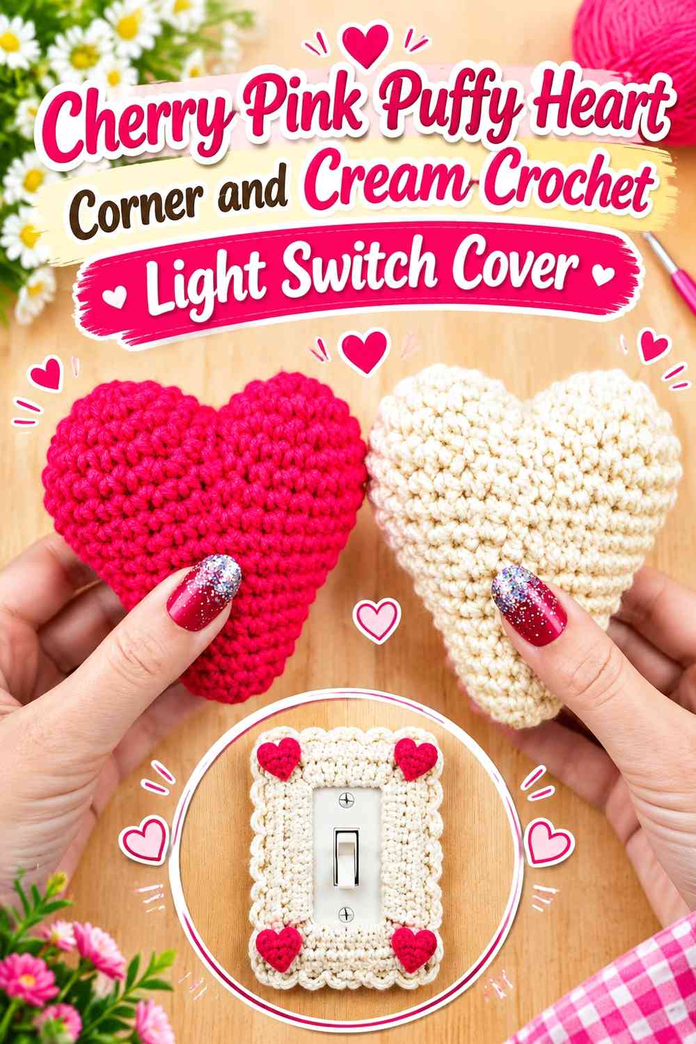 Cherry Pink Puffy Heart Corner and Cream Crochet Light Switch Cover