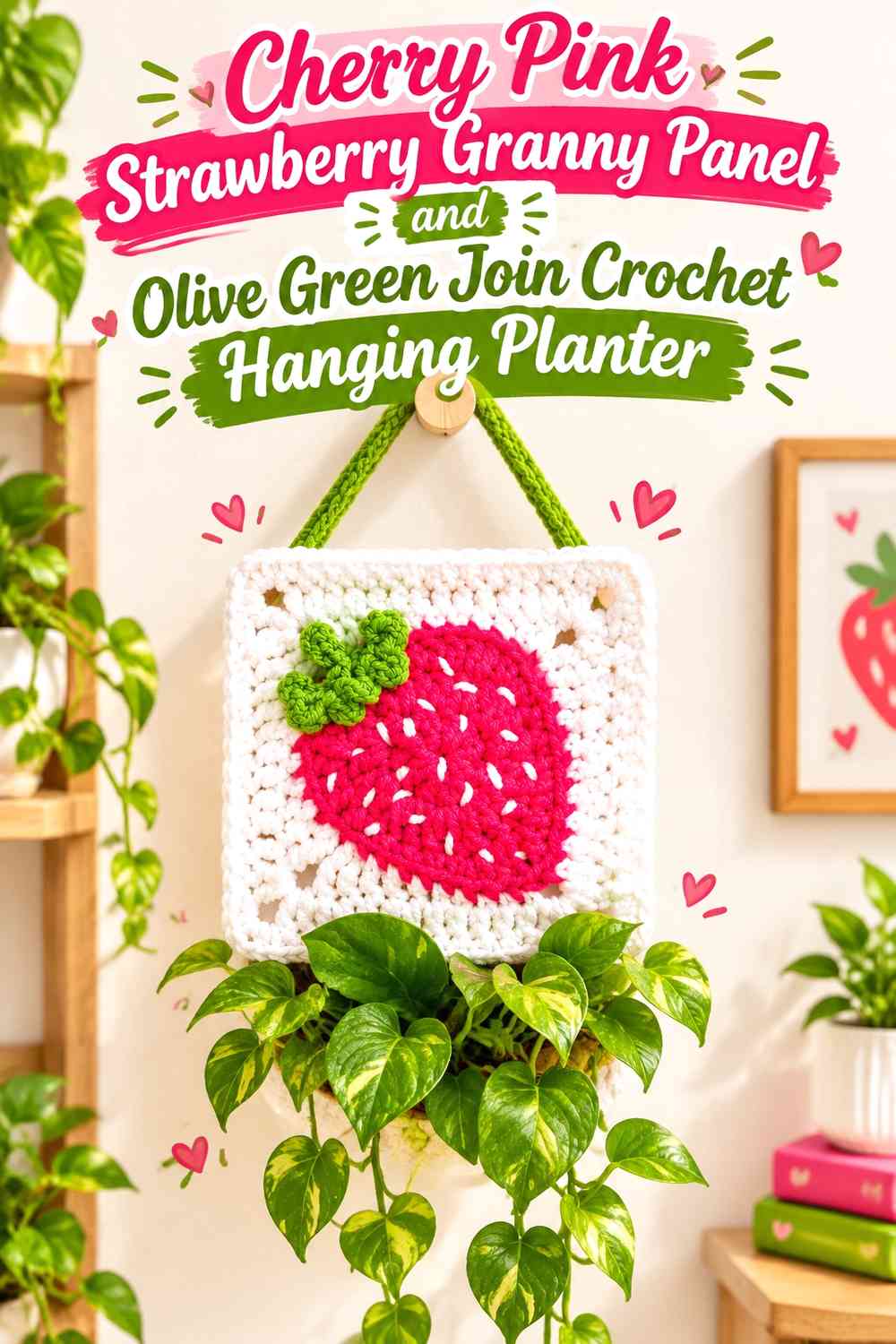 Cherry Pink Strawberry Granny Panel and Olive Green Join Crochet Hanging Planter
