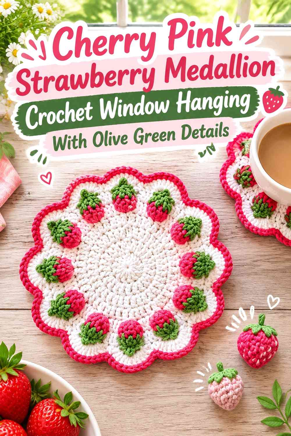 Cherry Pink Strawberry Medallion Crochet Window Hanging With Olive Green Details