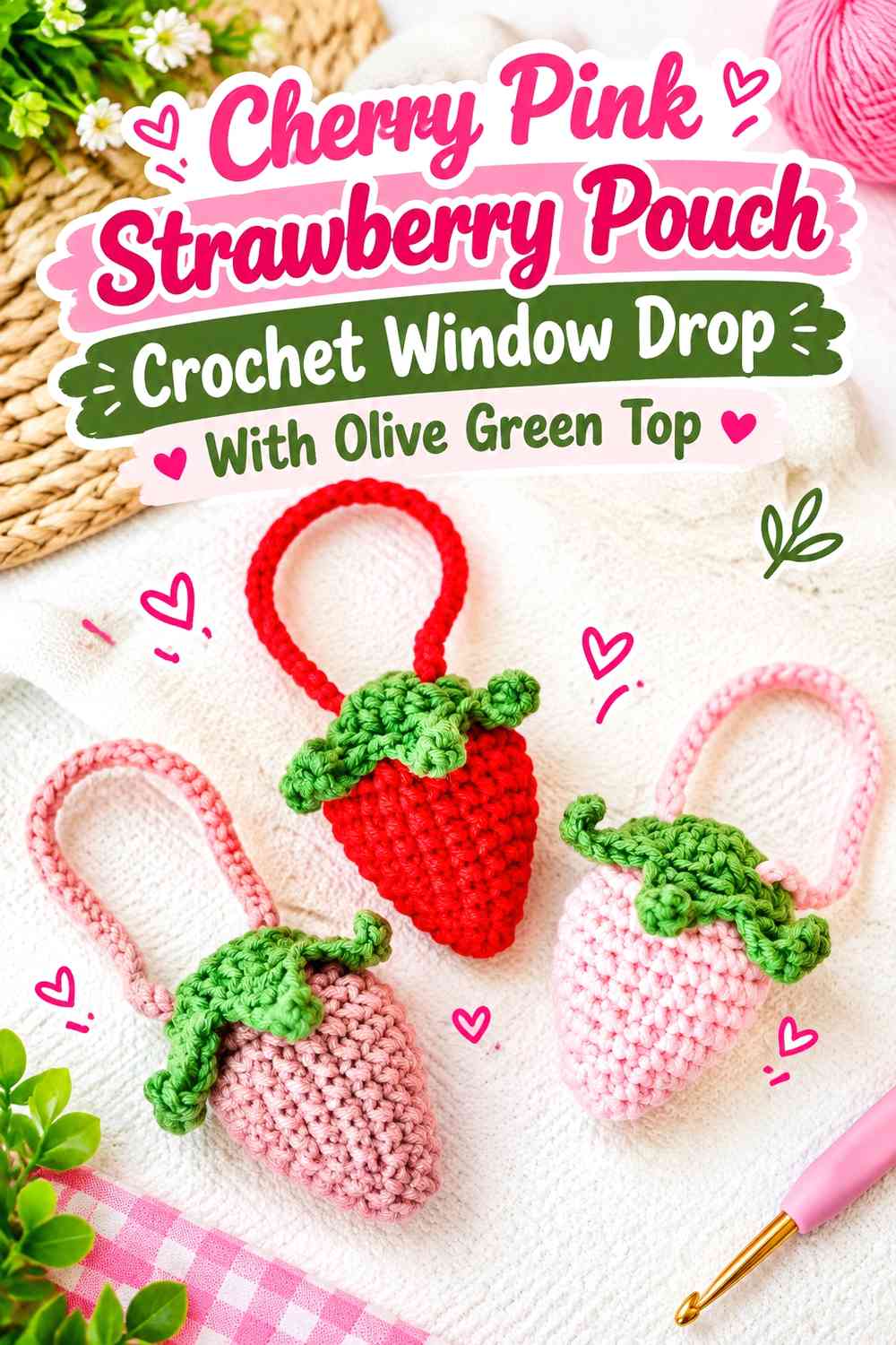 Cherry Pink Strawberry Pouch Crochet Window Drop With Olive Green Top