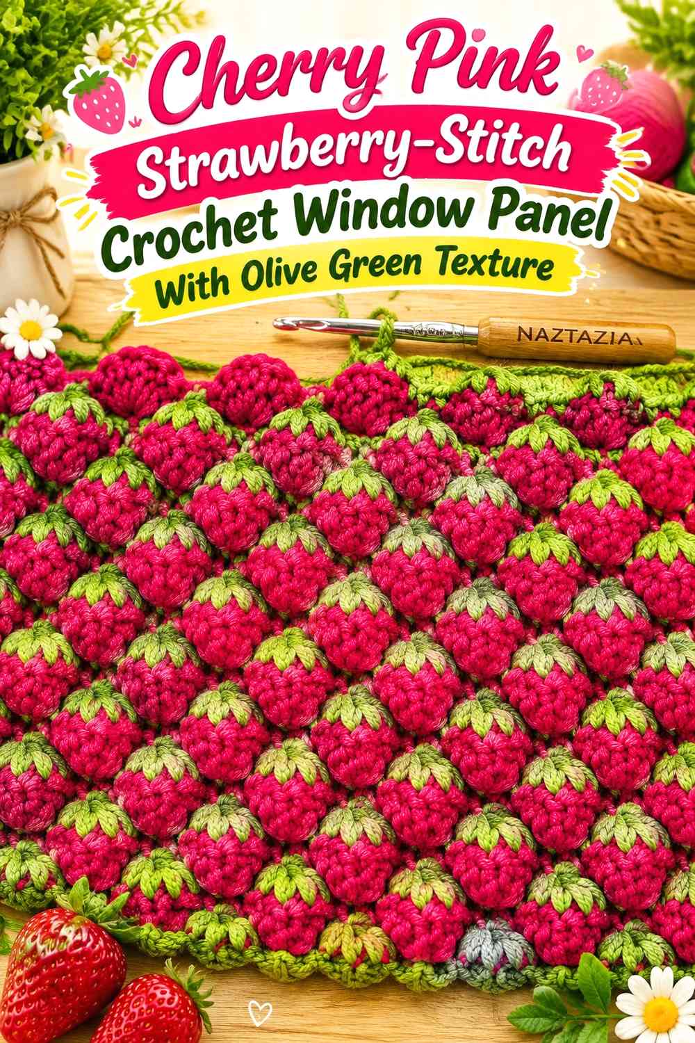Cherry Pink Strawberry-Stitch Crochet Window Panel With Olive Green Texture