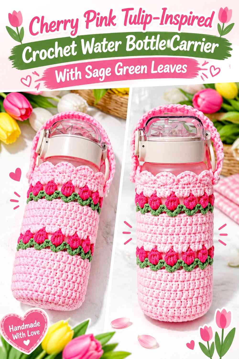 Cherry Pink Tulip-Inspired Crochet Water Bottle Carrier With Sage Green Leaves