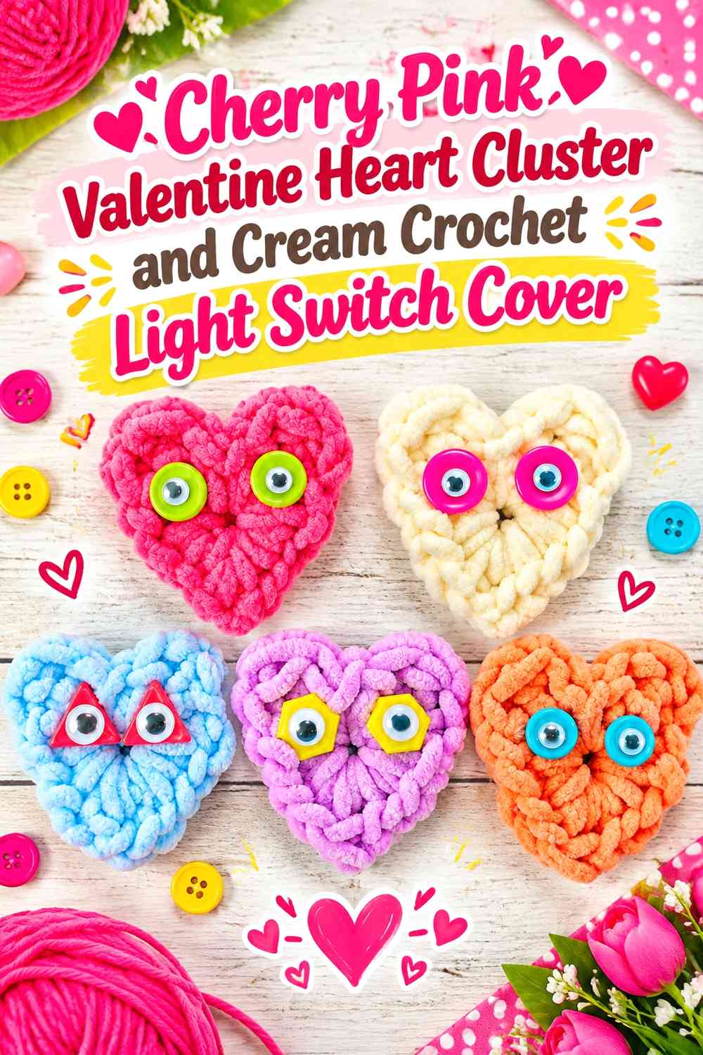 Cherry Pink Valentine Heart Cluster and Cream Crochet Light Switch Cover