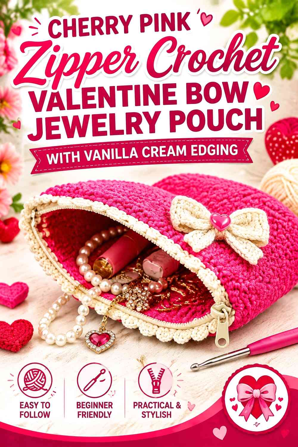Cherry Pink Zipper Crochet Valentine Bow Jewelry Pouch with Vanilla Cream Edging