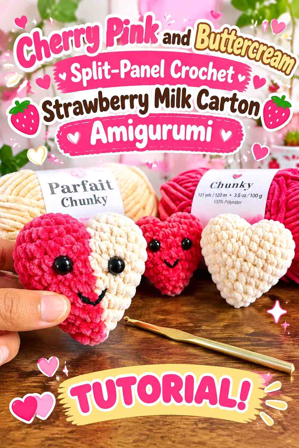 Cherry Pink and Buttercream Split-Panel Crochet Strawberry Milk Carton Amigurumi