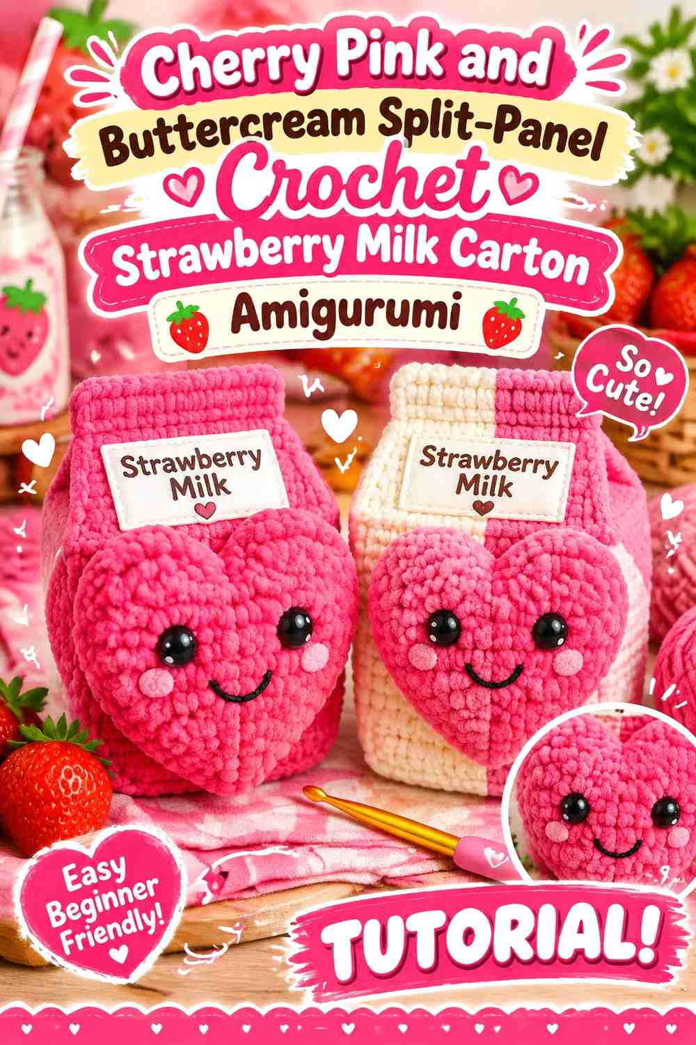 Cherry Pink and Buttercream Split-Panel Crochet Strawberry Milk Carton Amigurumi