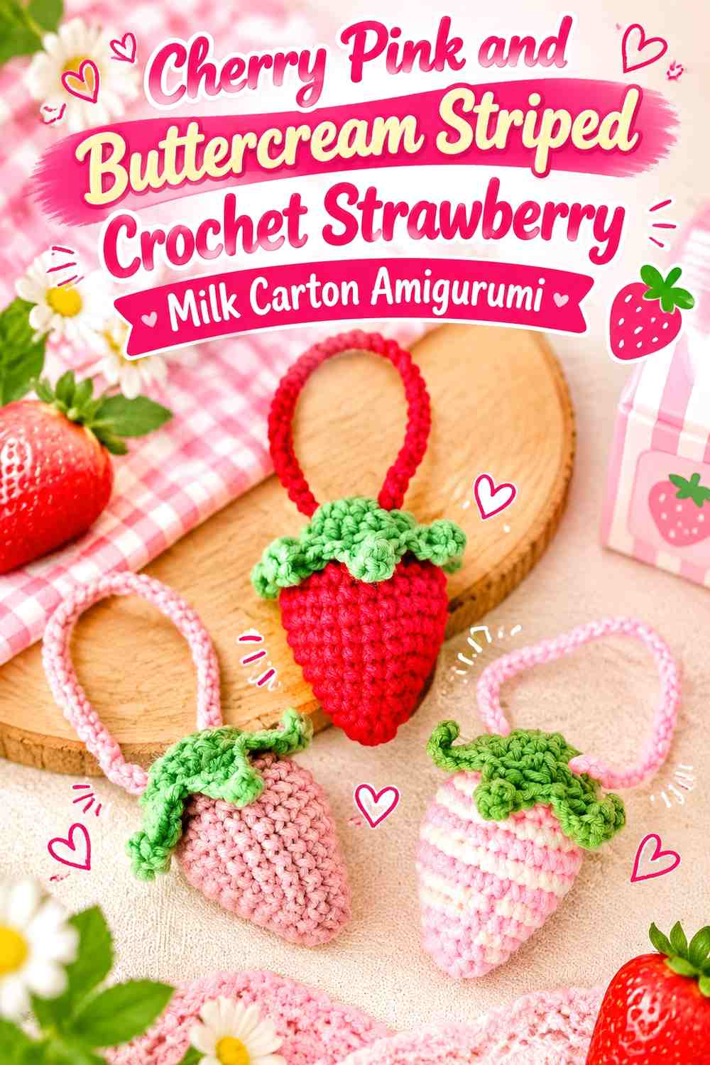 Cherry Pink and Buttercream Striped Crochet Strawberry Milk Carton Amigurumi
