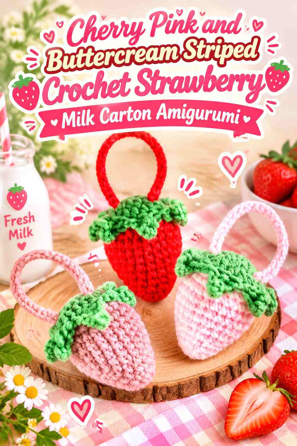 Cherry Pink and Buttercream Striped Crochet Strawberry Milk Carton Amigurumi