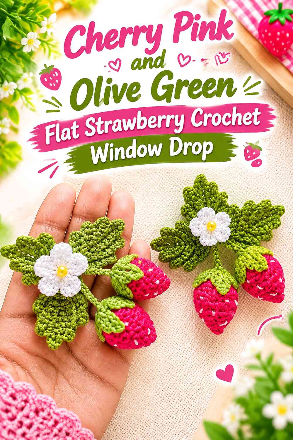 Cherry Pink and Olive Green Flat Strawberry Crochet Window Drop