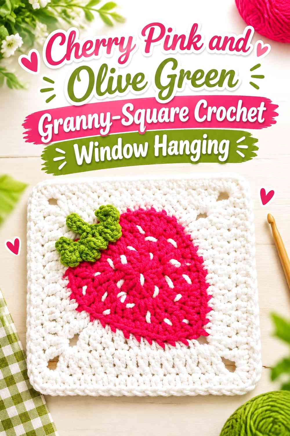 Cherry Pink and Olive Green Granny-Square Crochet Window Hanging