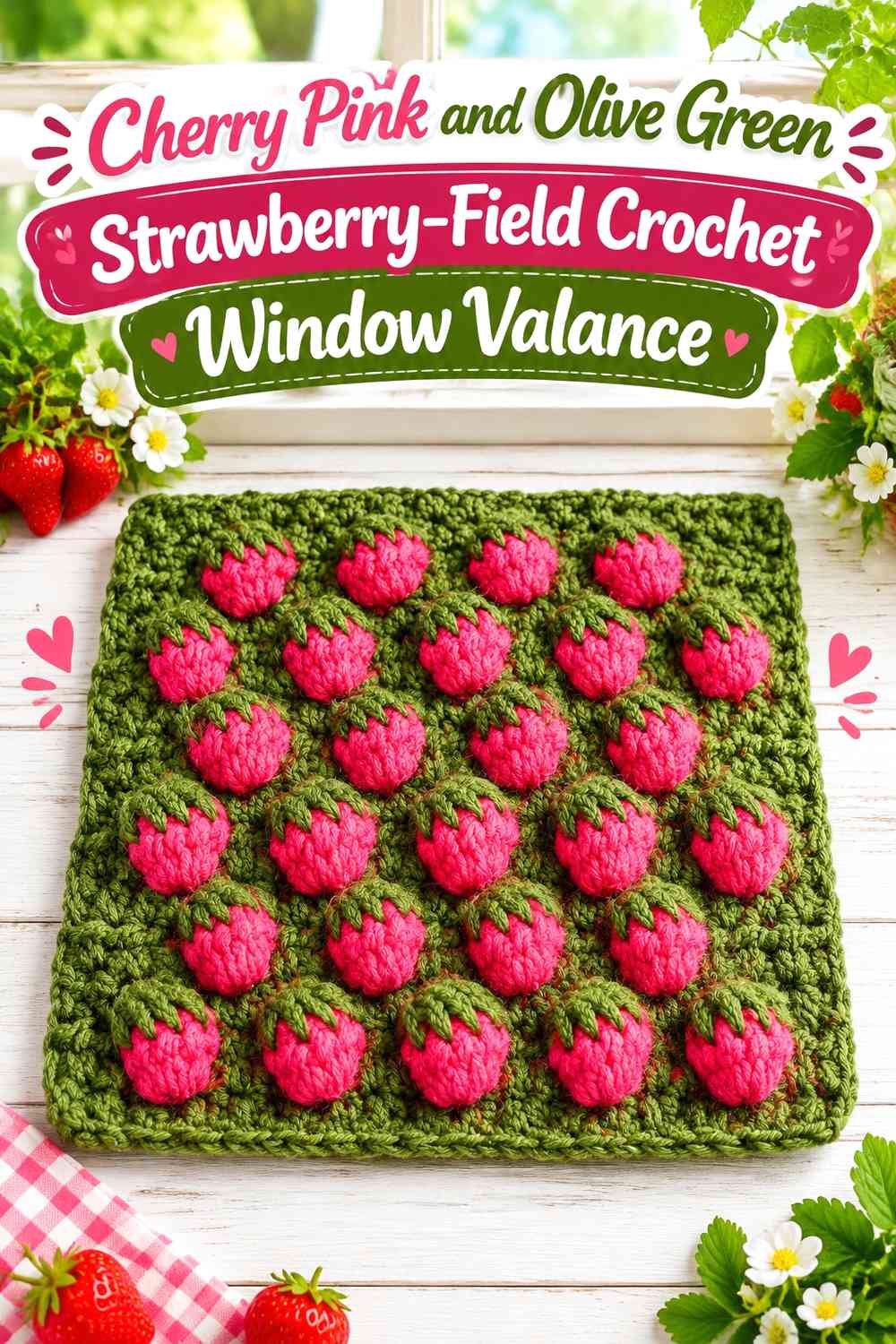 Cherry Pink and Olive Green Strawberry-Field Crochet Window Valance
