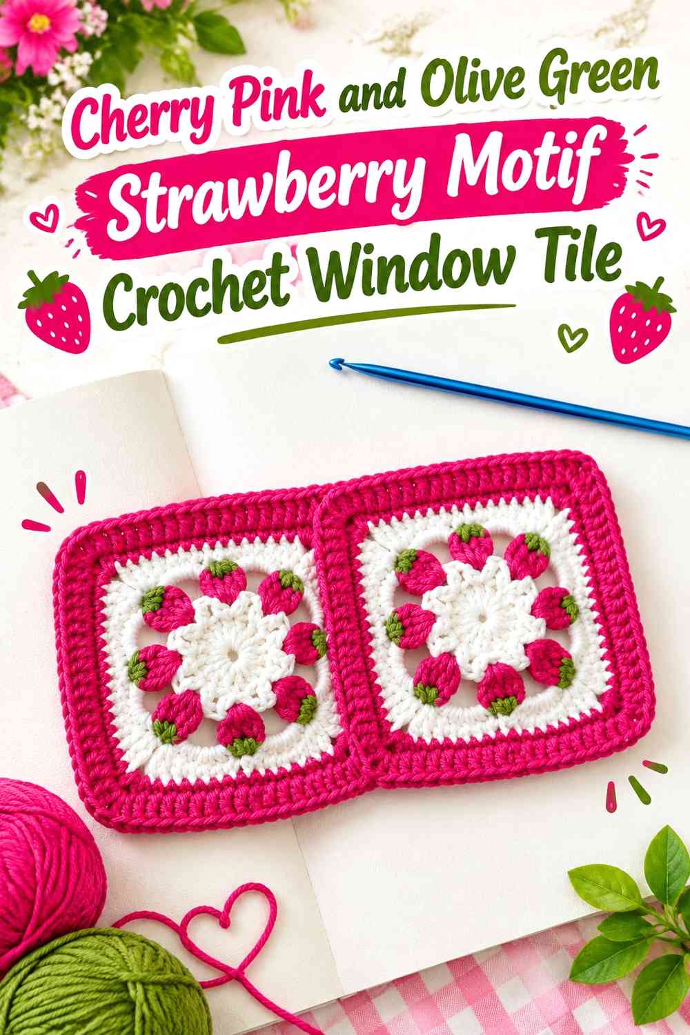 Cherry Pink and Olive Green Strawberry Motif Crochet Window Tile