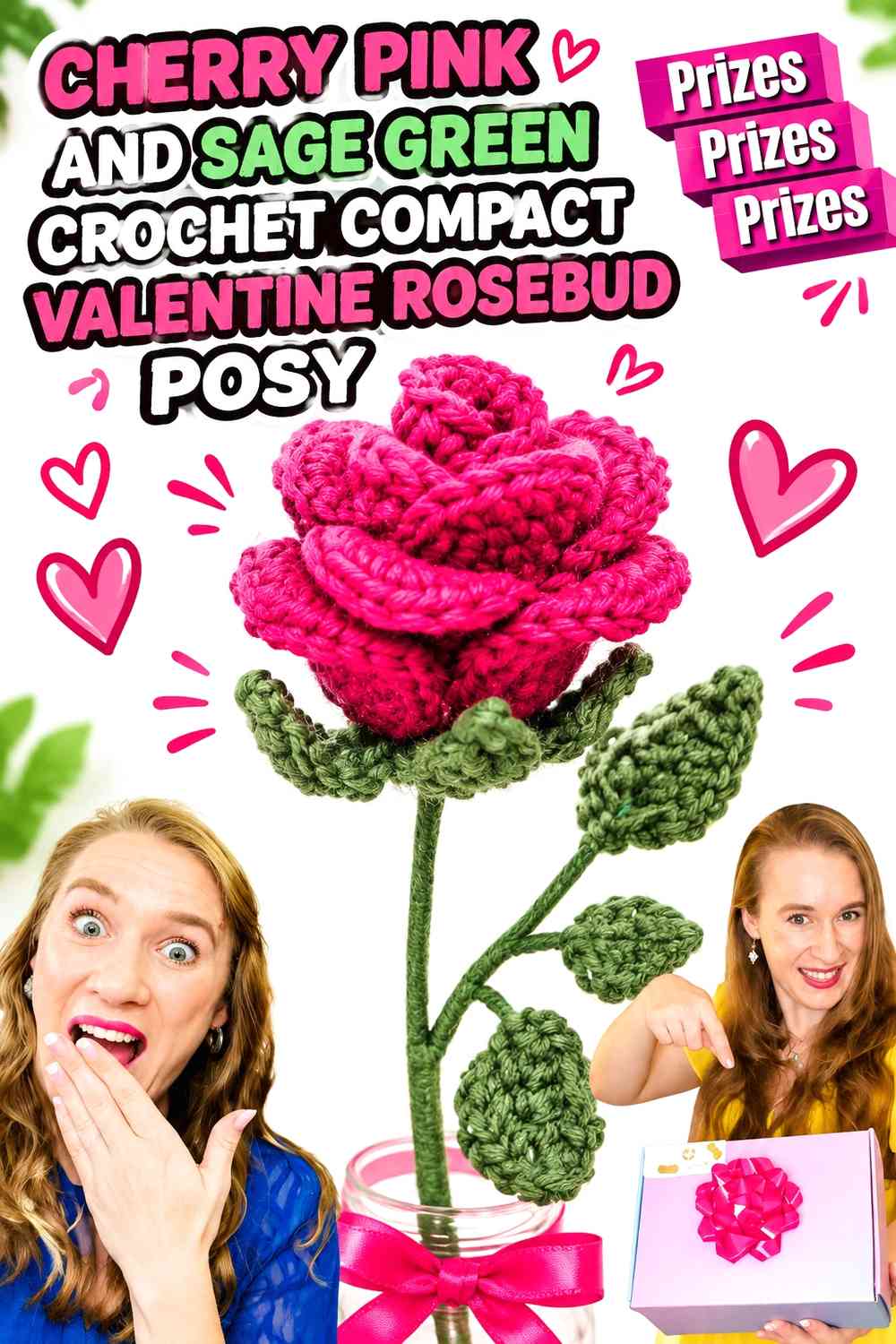 Cherry Pink and Sage Green Crochet Compact Valentine Rosebud Posy