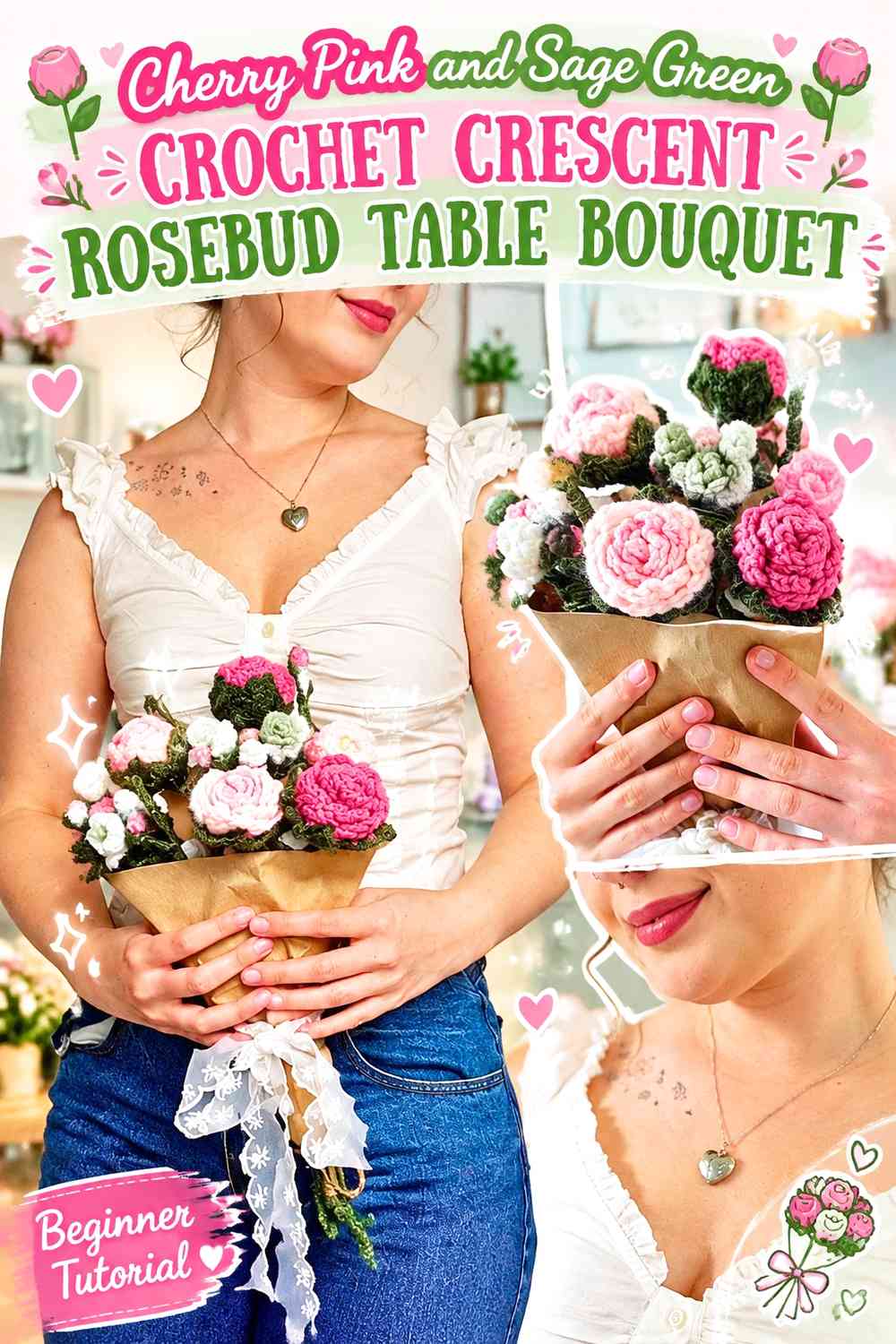 Cherry Pink and Sage Green Crochet Crescent Rosebud Table Bouquet