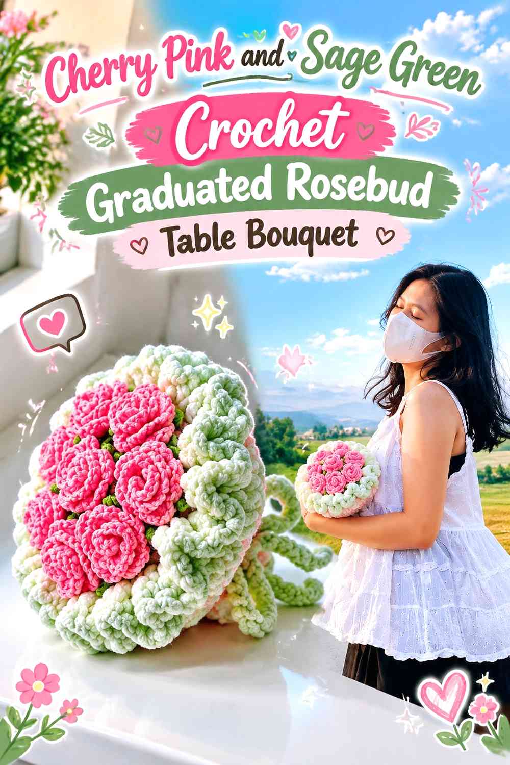 Cherry Pink and Sage Green Crochet Graduated Rosebud Table Bouquet
