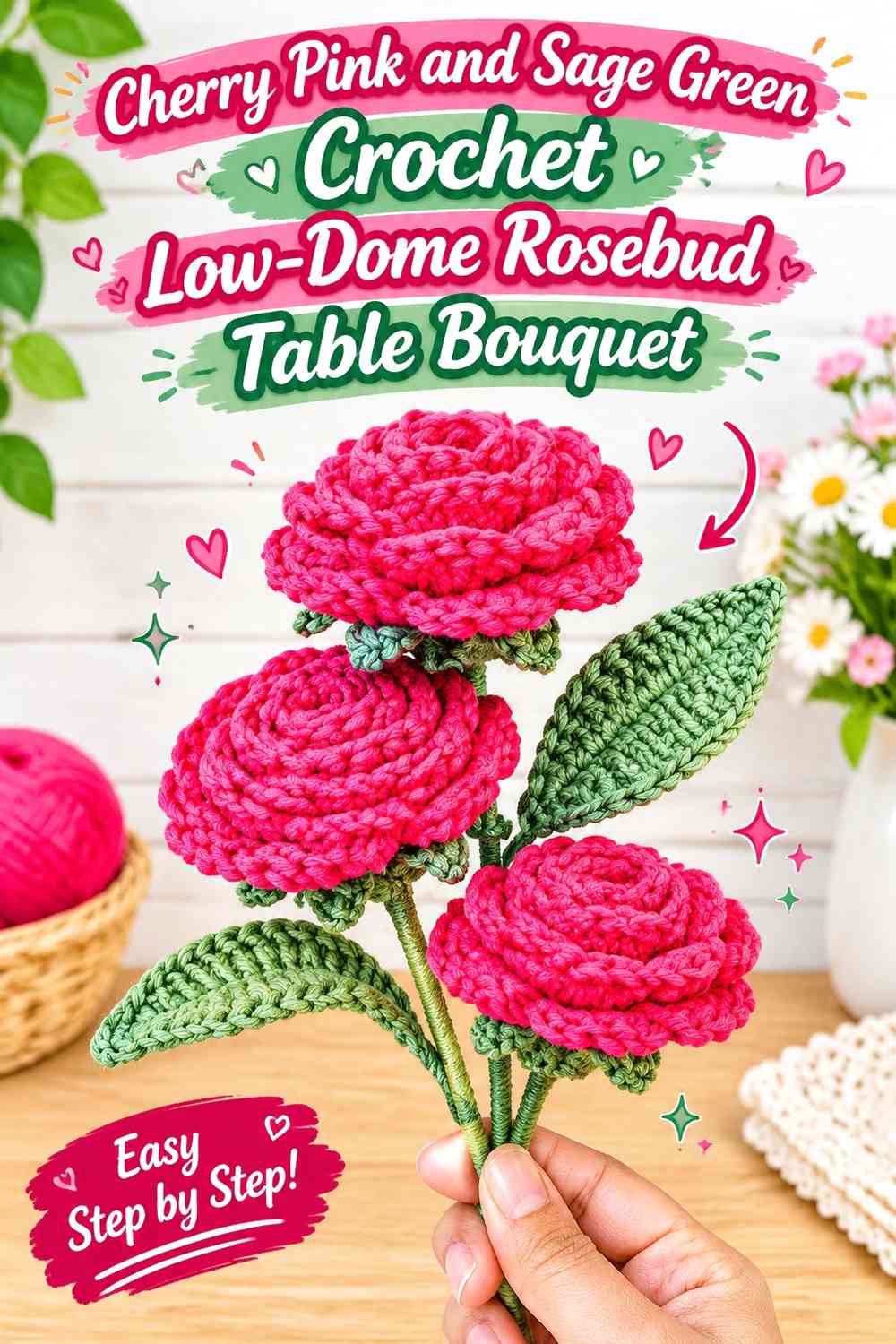 Cherry Pink and Sage Green Crochet Low-Dome Rosebud Table Bouquet