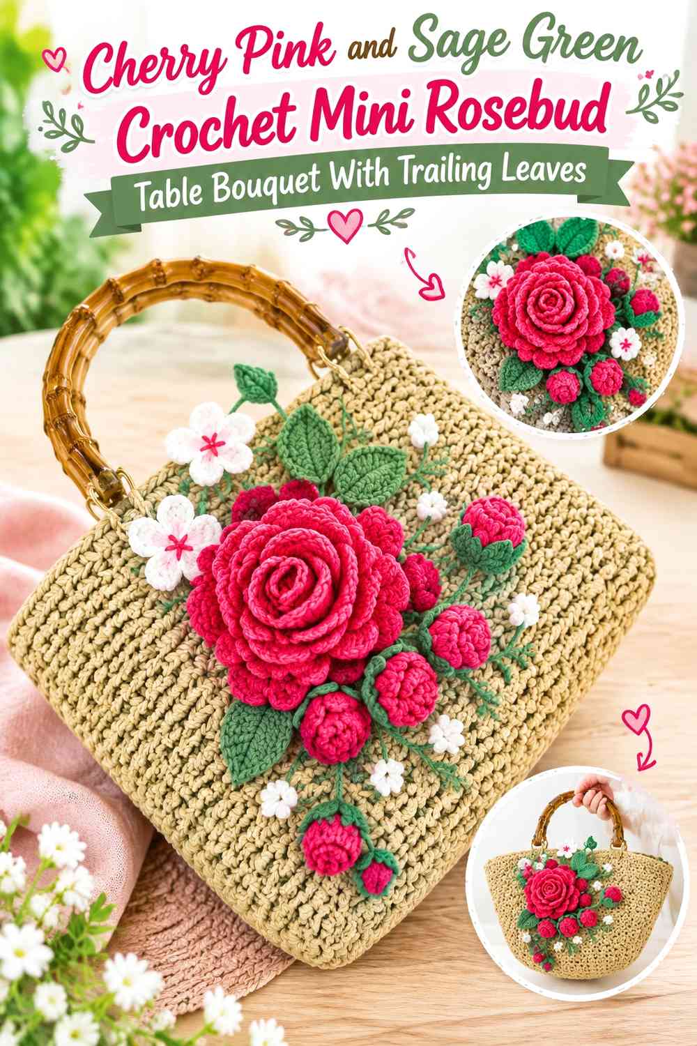 Cherry Pink and Sage Green Crochet Mini Rosebud Table Bouquet With Trailing Leaves