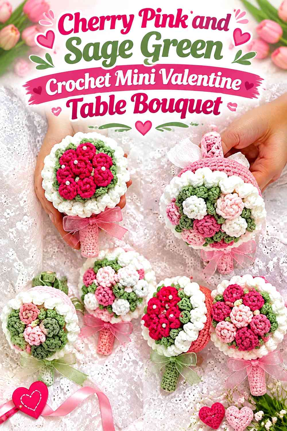 Cherry Pink and Sage Green Crochet Mini Valentine Table Bouquet