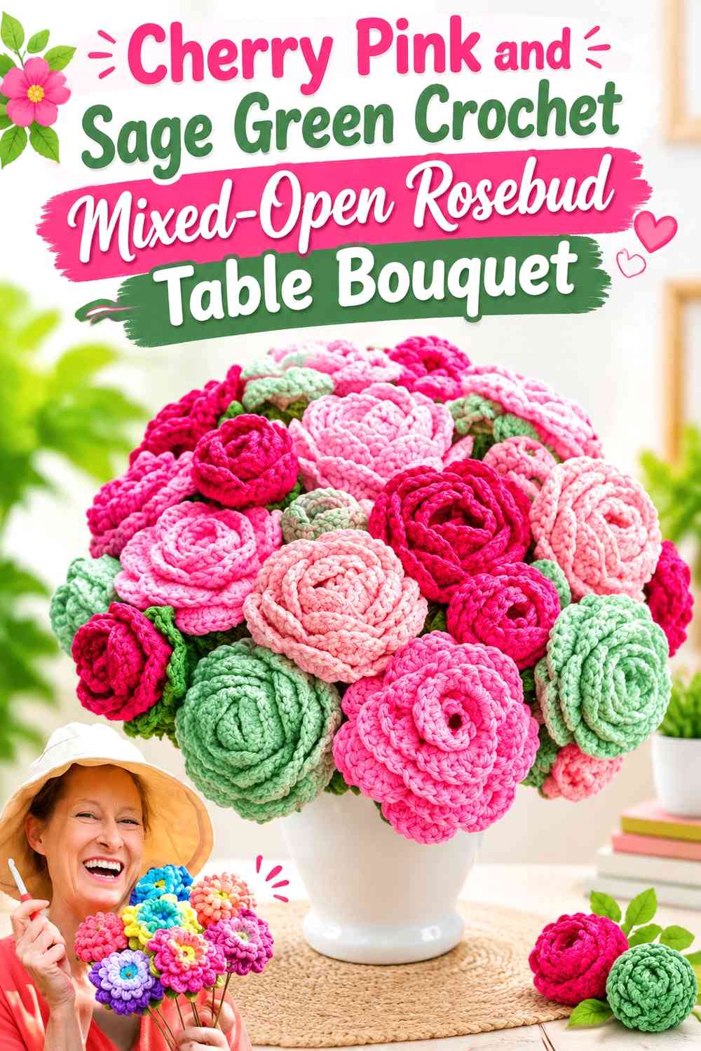Cherry Pink and Sage Green Crochet Mixed-Open Rosebud Table Bouquet