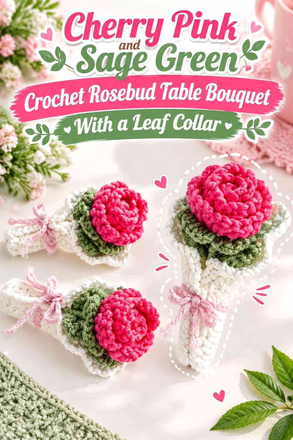 Cherry Pink and Sage Green Crochet Rosebud Table Bouquet With a Leaf Collar