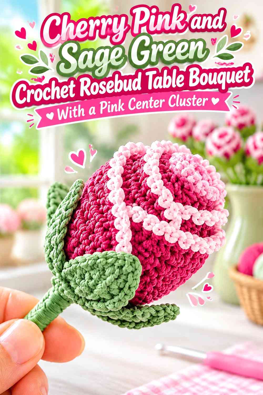 Cherry Pink and Sage Green Crochet Rosebud Table Bouquet With a Pink Center Cluster