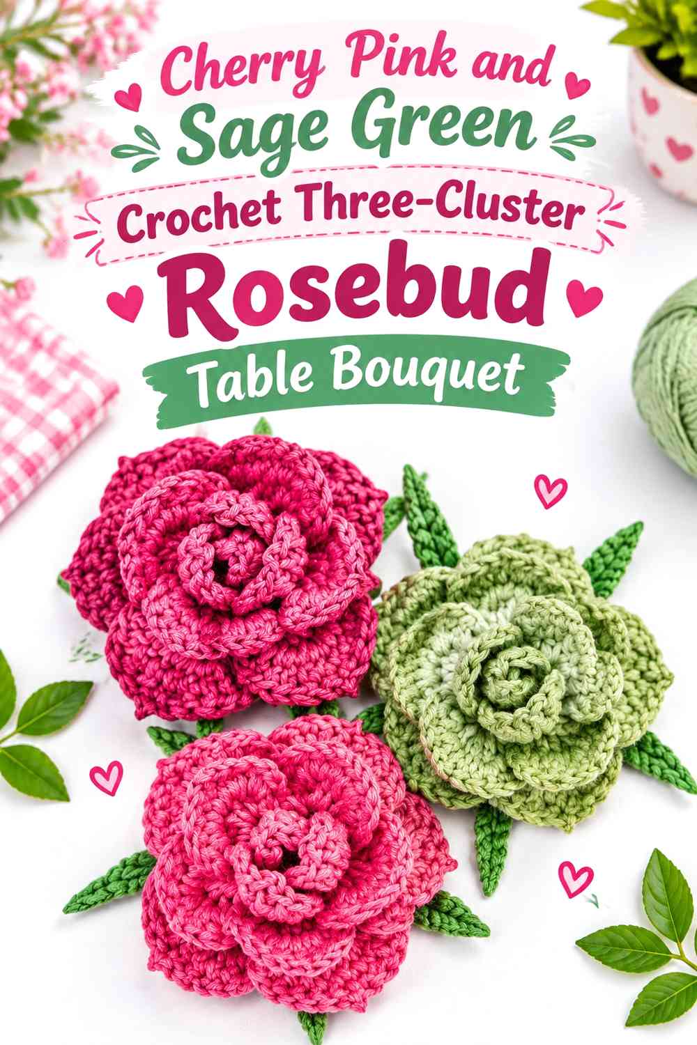 Cherry Pink and Sage Green Crochet Three-Cluster Rosebud Table Bouquet