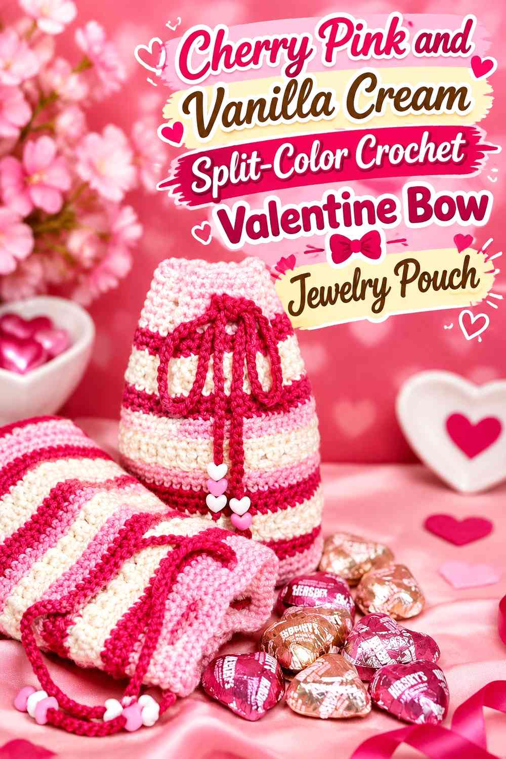 Cherry Pink and Vanilla Cream Split-Color Crochet Valentine Bow Jewelry Pouch