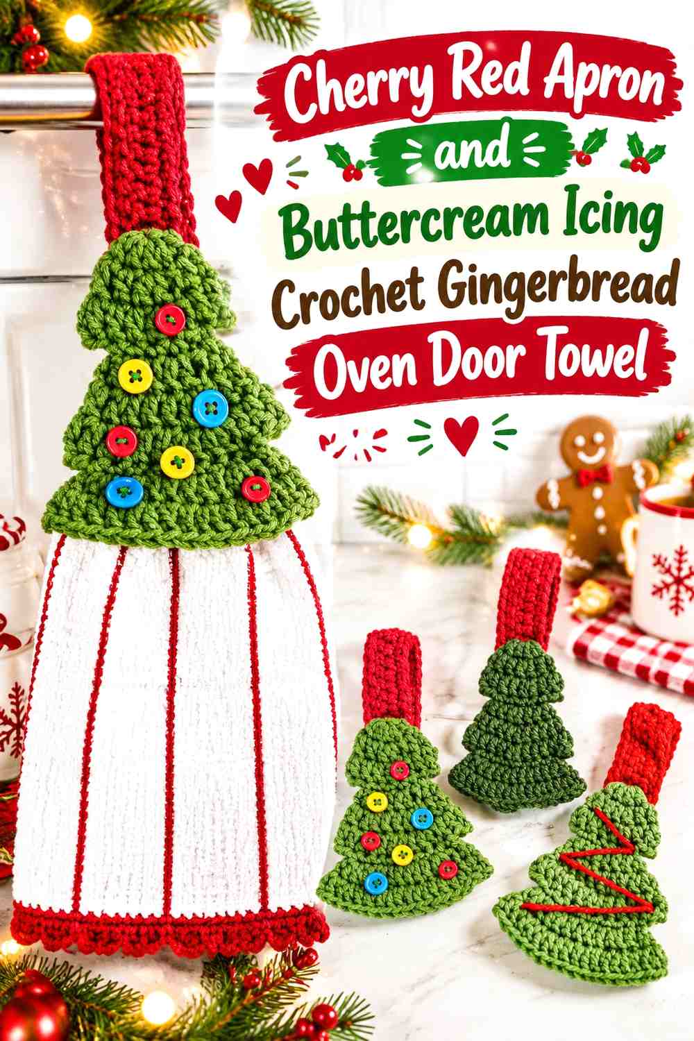 Cherry Red Apron and Buttercream Icing Crochet Gingerbread Oven Door Towel